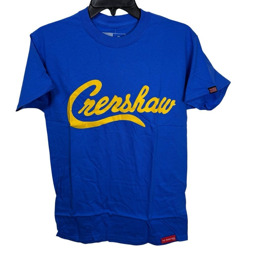 NWT The Marathon Clothing Blue Tee with Yellow Crenshaw Script Size Small